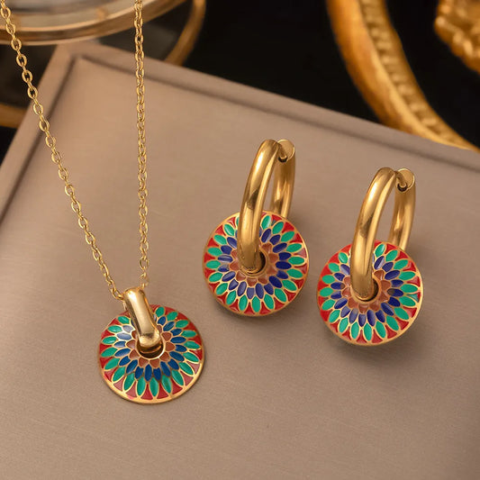 316l Stainless Steel Non-Fading Vintage Painted Flower Pattern Pendant Necklace Earrings Jewelry Set For Women Gift Dropshipping