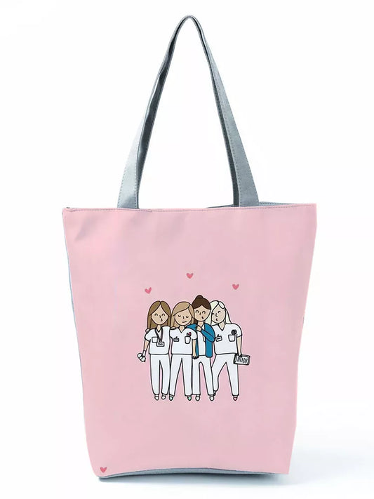 Cartoon Ladies Nurse Printed Handbag Fold able High Capacity Travel Beach Bag